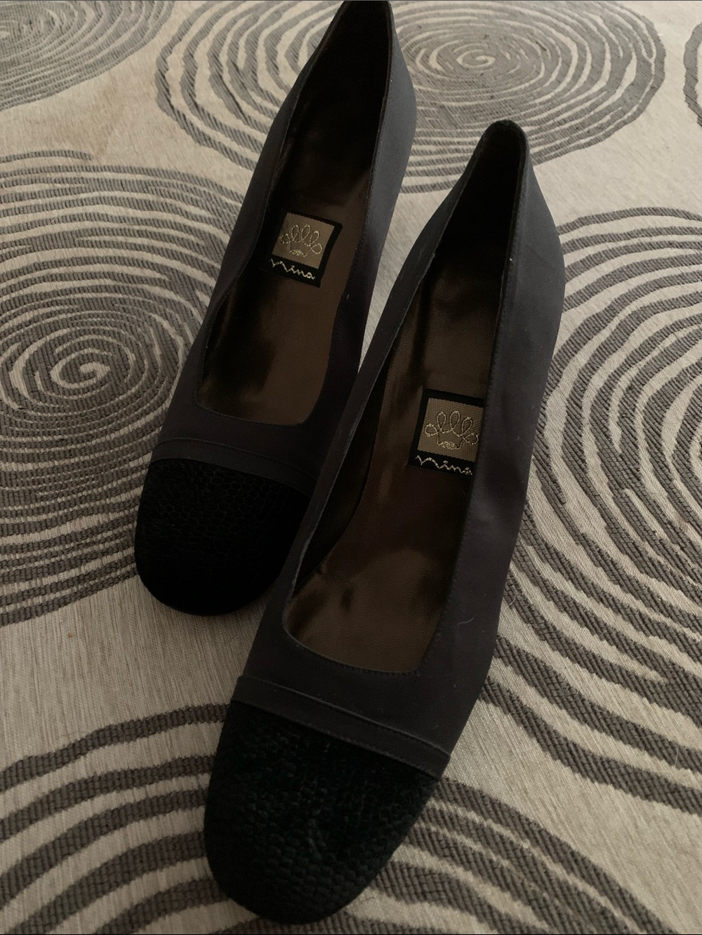 Nina Black Round-Toe Heels with Textured Cap